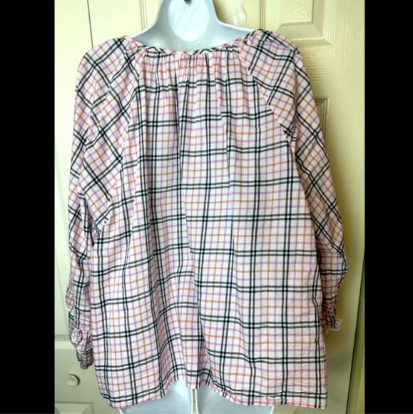 🆕J.CREW Plaid Ruffle Trim Peasant Top Blouse Ivory Pink Blue Eyelet Size Large - Picture 5 of 9